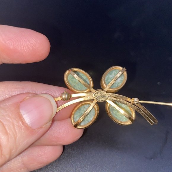 VINTAGE MID CENTURY BAL-RON 12KGF JADE FLOWER  Four Leaf Clover BROOCH  PIN - Picture 4 of 4